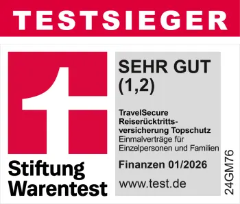 Reiserücktrittsversicherung & Reiseabbruchversicherung - Topschutz - Testsieger Finanztest 2026 Siegel Reiserücktrittsversicherung Finanz Testsieger 2026 Topschutz