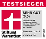 Siegel Testsieger Finanztest 2025 Auslandsreisekrankenversicherung Familie und Einzelpersonen